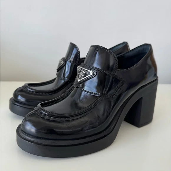 Prada Women's Chocolate Brushed Leather Heeled loafers size 36.5 - Picture 4 of 16